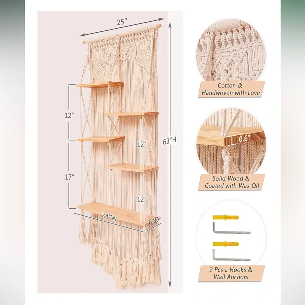 Handwoven Cotton Macrame Wall Hanging Shelf - Cream